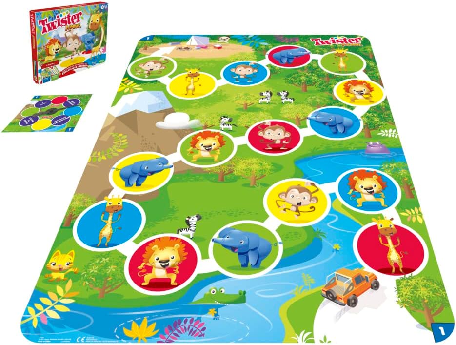 Twister Junior Dierenavonturen, dubbelzijdige mat, 2 spellen in 1, partyspel, binnenspel voor 2-4 spelers (Franse versie