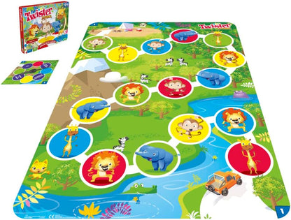 Twister Junior Dierenavonturen, dubbelzijdige mat, 2 spellen in 1, partyspel, binnenspel voor 2-4 spelers (Franse versie