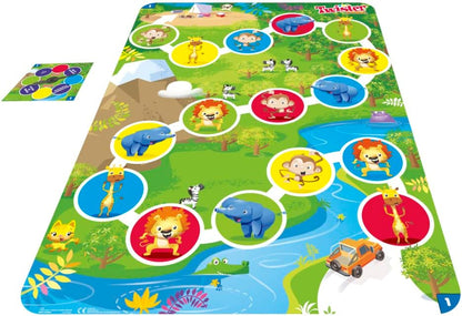 Twister Junior Dierenavonturen, dubbelzijdige mat, 2 spellen in 1, partyspel, binnenspel voor 2-4 spelers (Franse versie