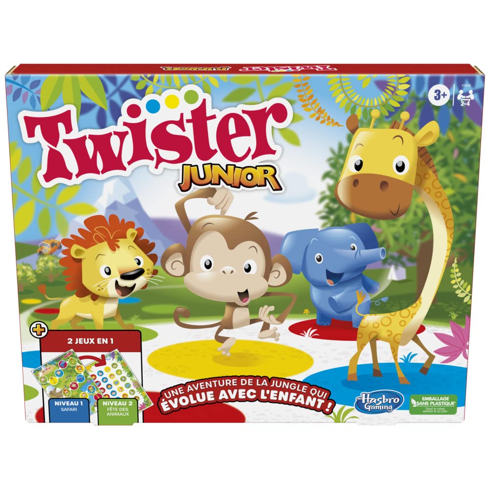 Twister Junior Dierenavonturen, dubbelzijdige mat, 2 spellen in 1, partyspel, binnenspel voor 2-4 spelers (Franse versie