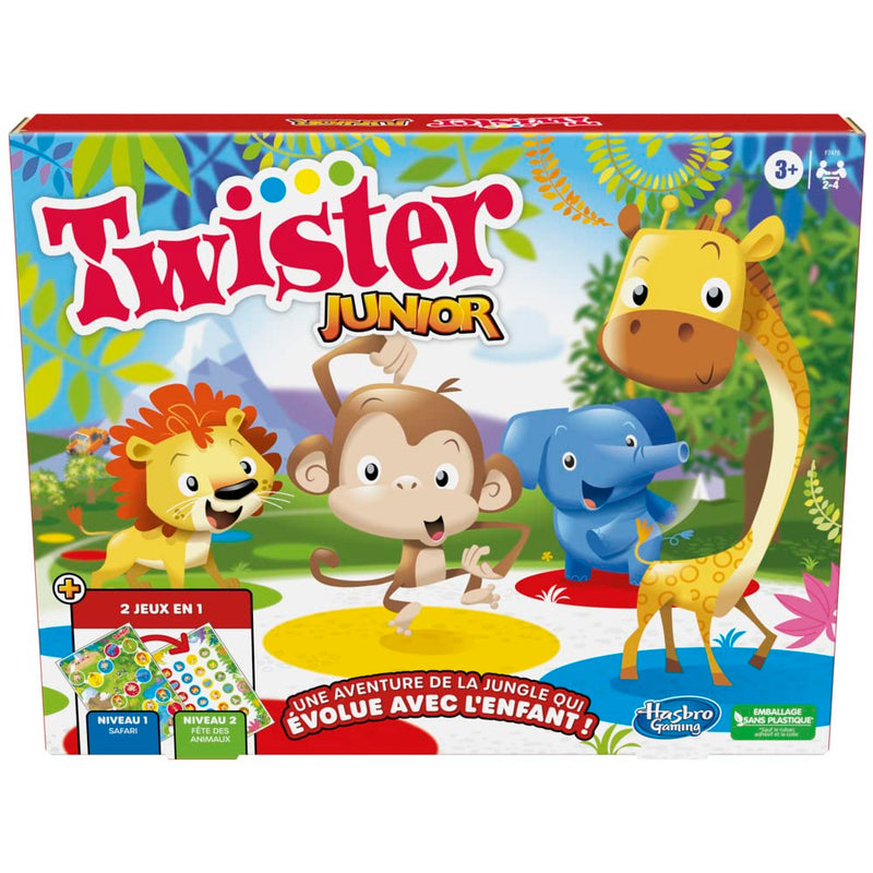 Twister Junior Dierenavonturen, dubbelzijdige mat, 2 spellen in 1, partyspel, binnenspel voor 2-4 spelers (Franse versie