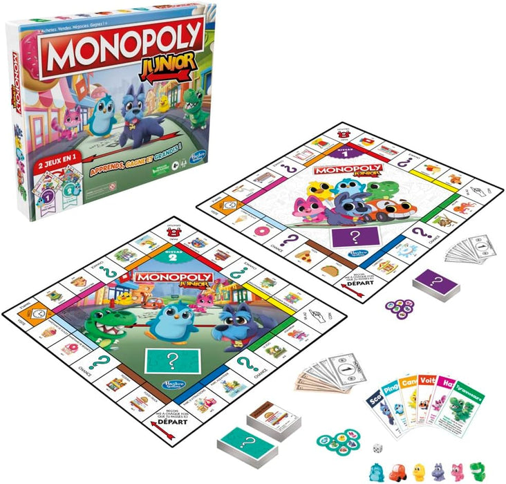 Hasbro Gaming Monopoly Junior Board Game, 2-Sided Game Board, 2 Games in 1, Monopoly Game for Younger Kids; Kids Games, Junior Games (French Version