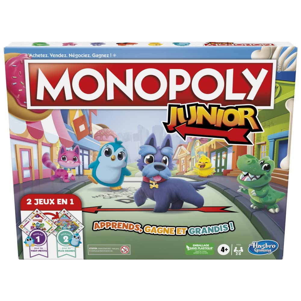 Hasbro Gaming Monopoly Junior Board Game, 2-Sided Game Board, 2 Games in 1, Monopoly Game for Younger Kids; Kids Games, Junior Games (French Version