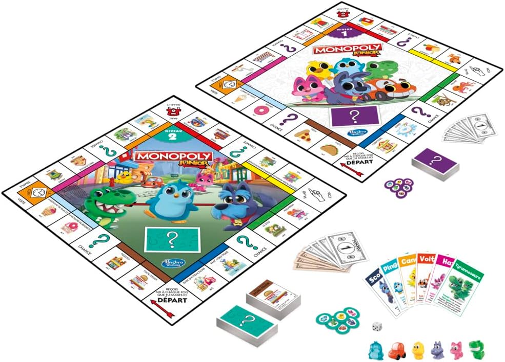 Hasbro Gaming Monopoly Junior Board Game, 2-Sided Game Board, 2 Games in 1, Monopoly Game for Younger Kids; Kids Games, Junior Games (French Version