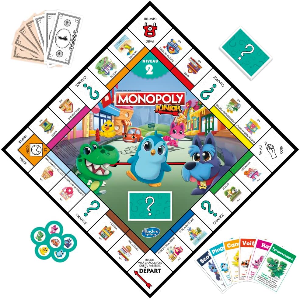 Hasbro Gaming Monopoly Junior Board Game, 2-Sided Game Board, 2 Games in 1, Monopoly Game for Younger Kids; Kids Games, Junior Games (French Version
