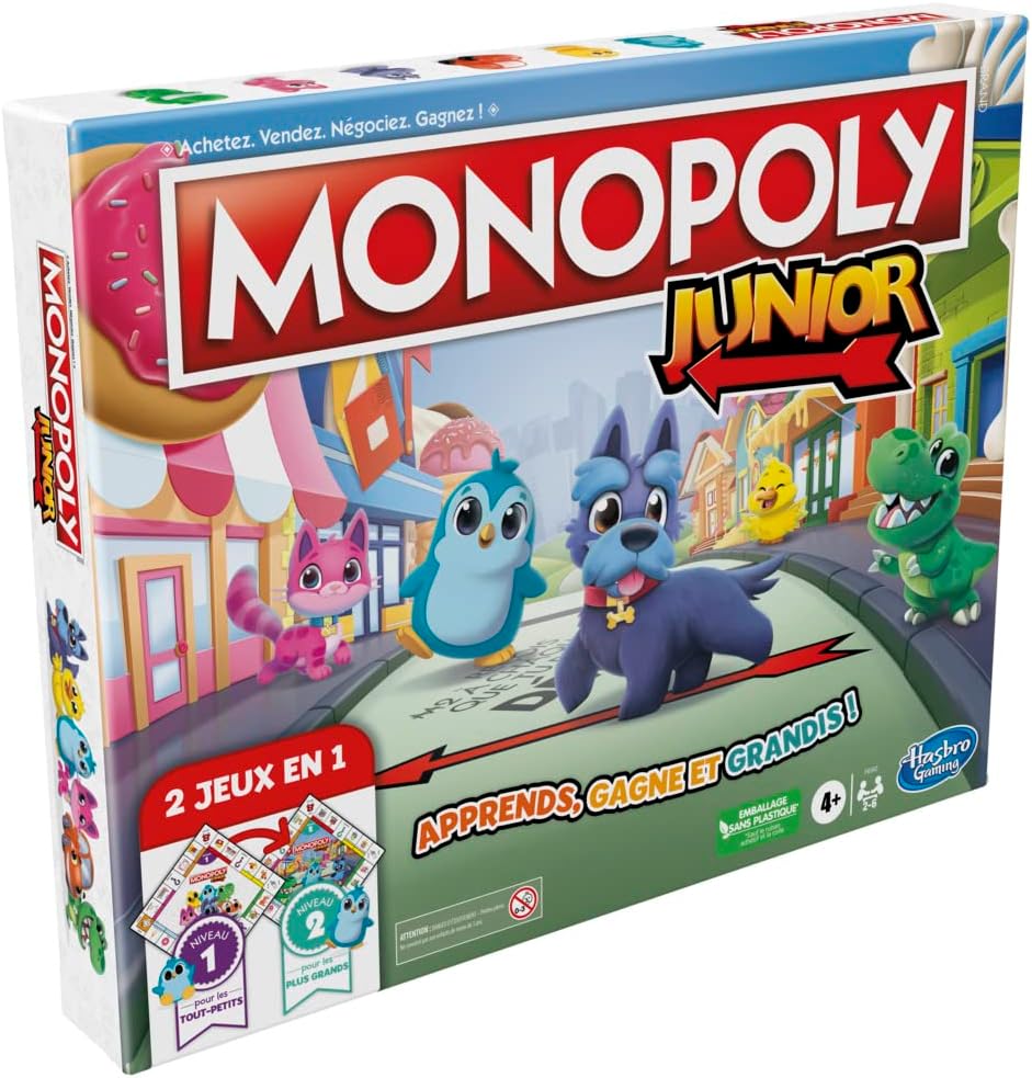 Hasbro Gaming Monopoly Junior Board Game, 2-Sided Game Board, 2 Games in 1, Monopoly Game for Younger Kids; Kids Games, Junior Games (French Version