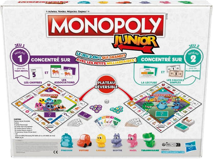 Hasbro Gaming Monopoly Junior Board Game, 2-Sided Game Board, 2 Games in 1, Monopoly Game for Younger Kids; Kids Games, Junior Games (French Version