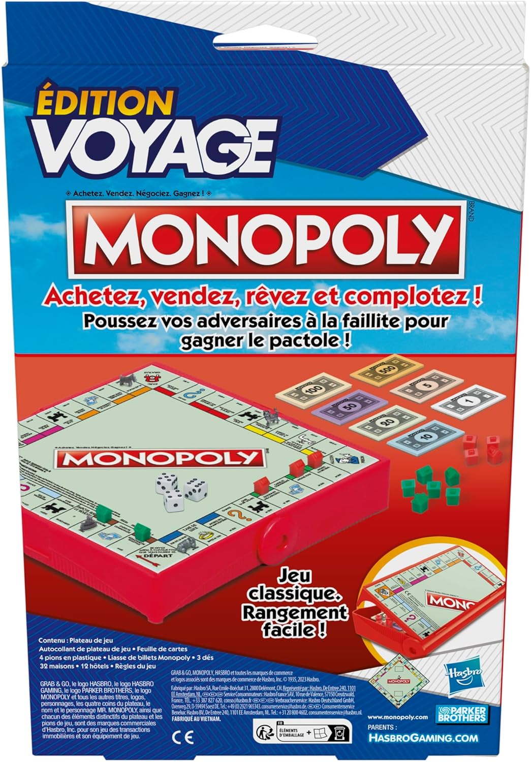 Monopoly Edizione di viaggio, gioco portatile per 2-4 giocatori, gioco di viaggio per bambini da 8 anni (versione francese