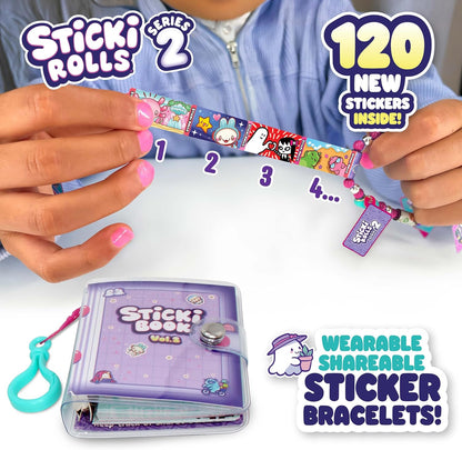 Sky Castle Sticki Rolls Sticki Book Series 2, Wearable & Shareable Sticker Bracelet, 120 Mini Stickers, Bracelet and Sticki Book, Assorted colours and styles