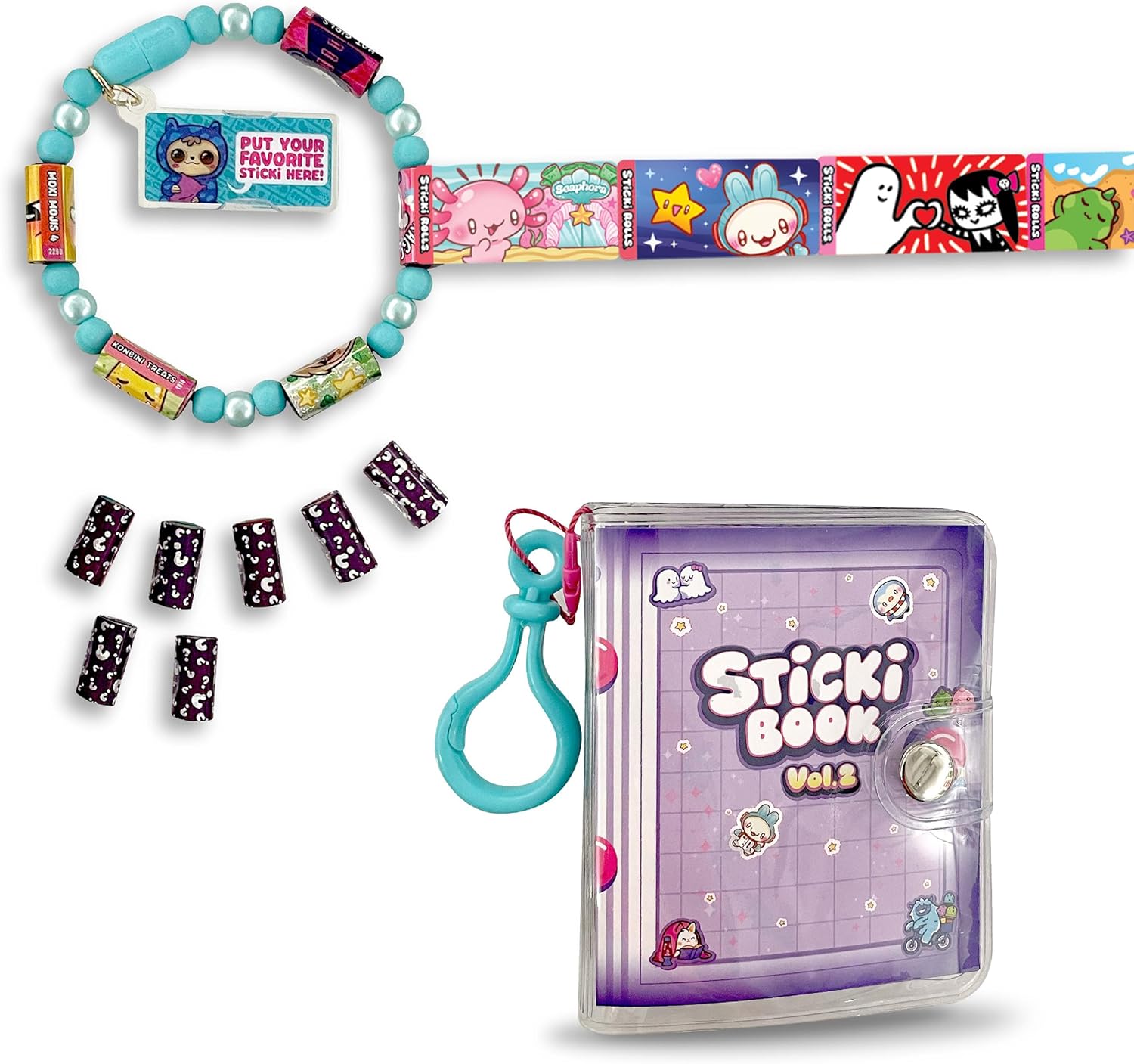 Sky Castle Sticki Rolls Sticki Book Series 2, Wearable & Shareable Sticker Bracelet, 120 Mini Stickers, Bracelet and Sticki Book, Assorted colours and styles