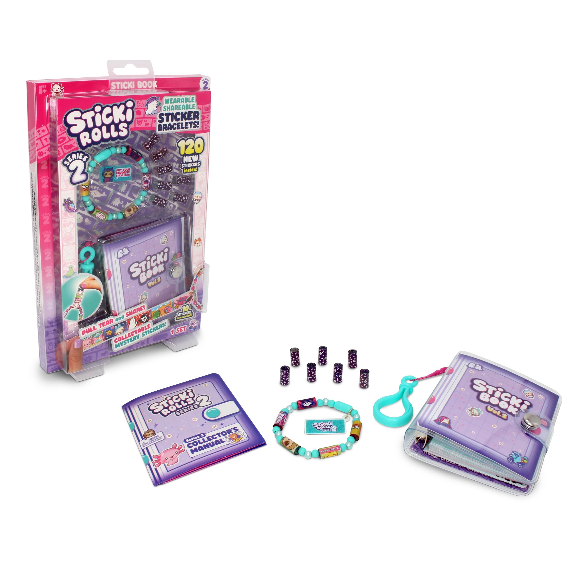 Sky Castle Sticki Rolls Sticki Book Series 2, Wearable & Shareable Sticker Bracelet, 120 Mini Stickers, Bracelet and Sticki Book, Assorted colours and styles