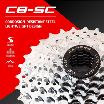 Clarks Cycle Systems C-8SC Nickle Plated 8 Speed MTB, Road & Hybrid Cassette Cassette, Silver, 11-32T, Compatible with Shimano/SRAM 8 Speed