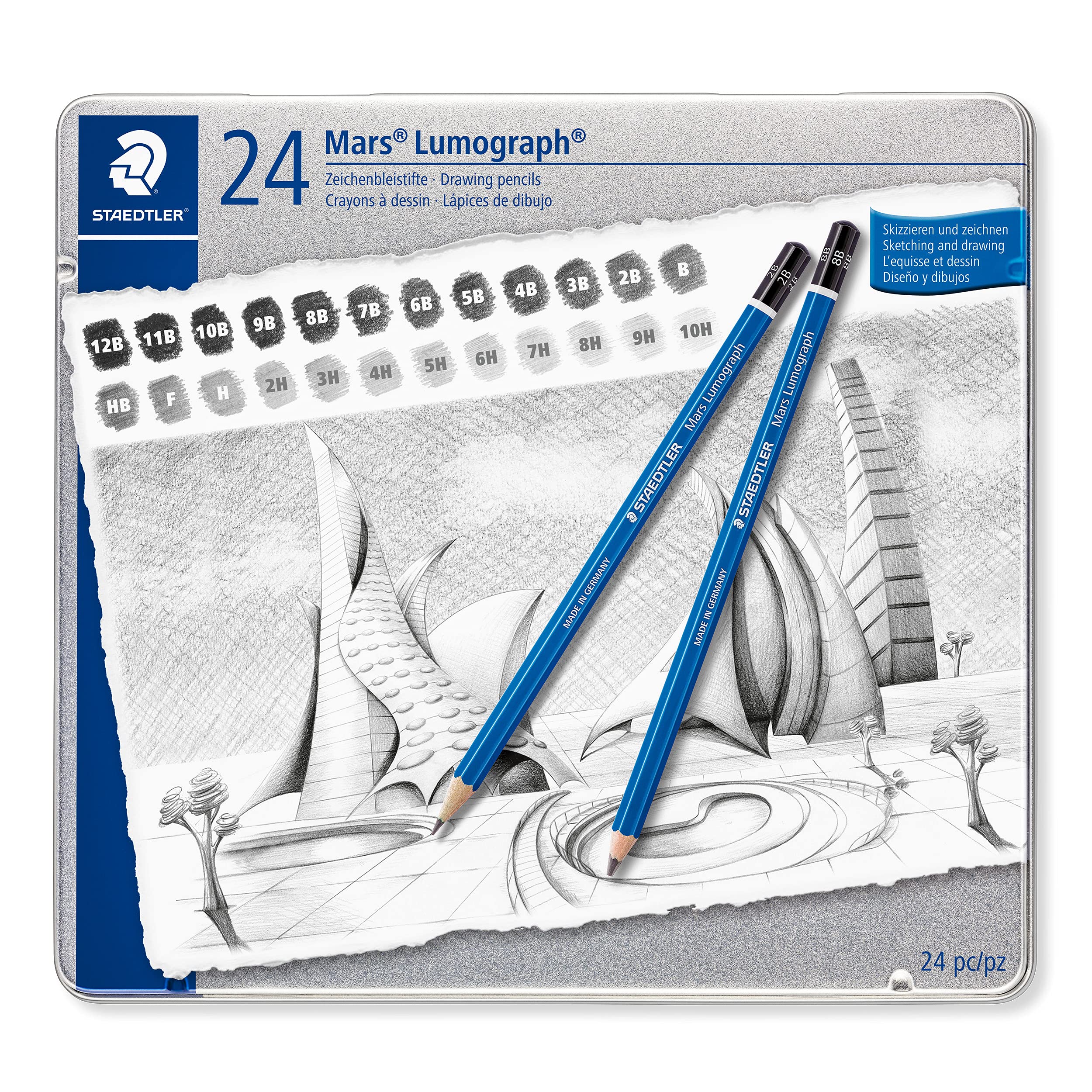 Staedtler 100 G24 Mars Lumograph Metalen Doos, 24 Verschillende Grafietpotloden