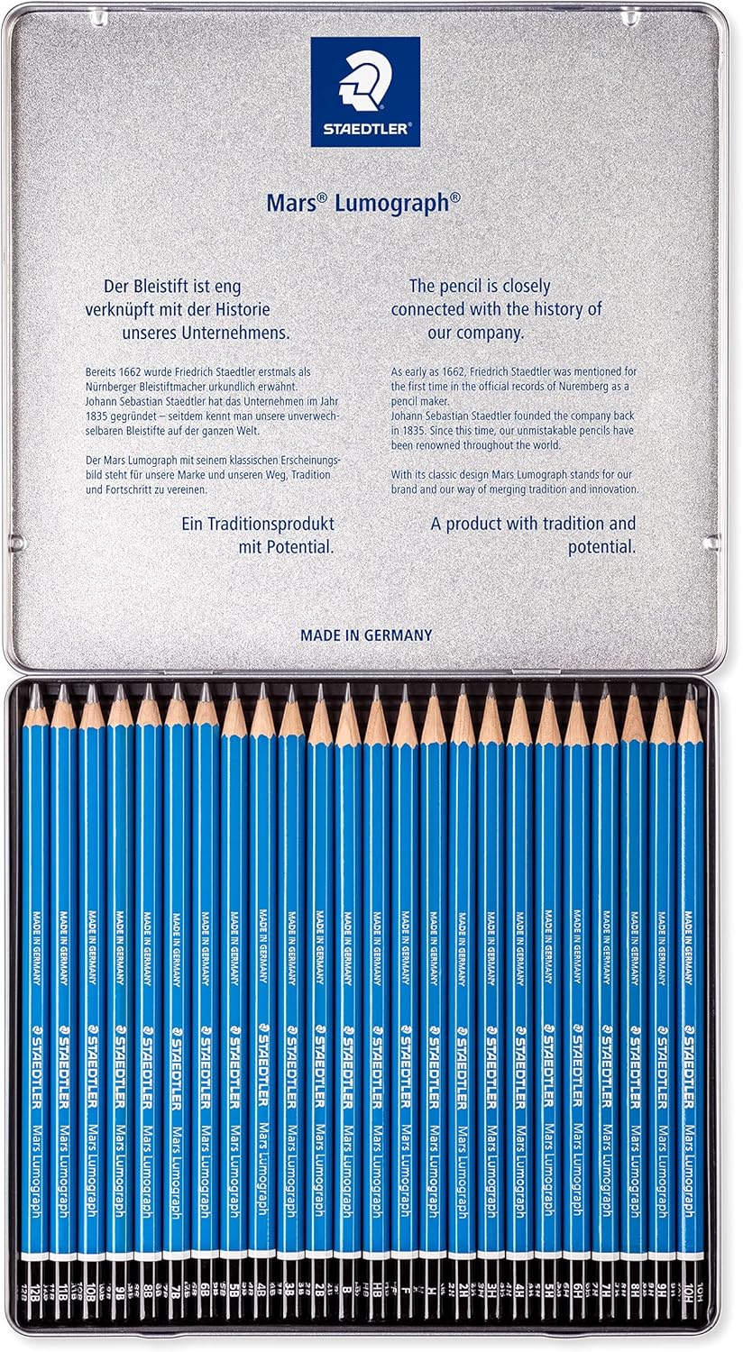 Staedtler 100 G24 Mars Lumograph Metalen Doos, 24 Verschillende Grafietpotloden
