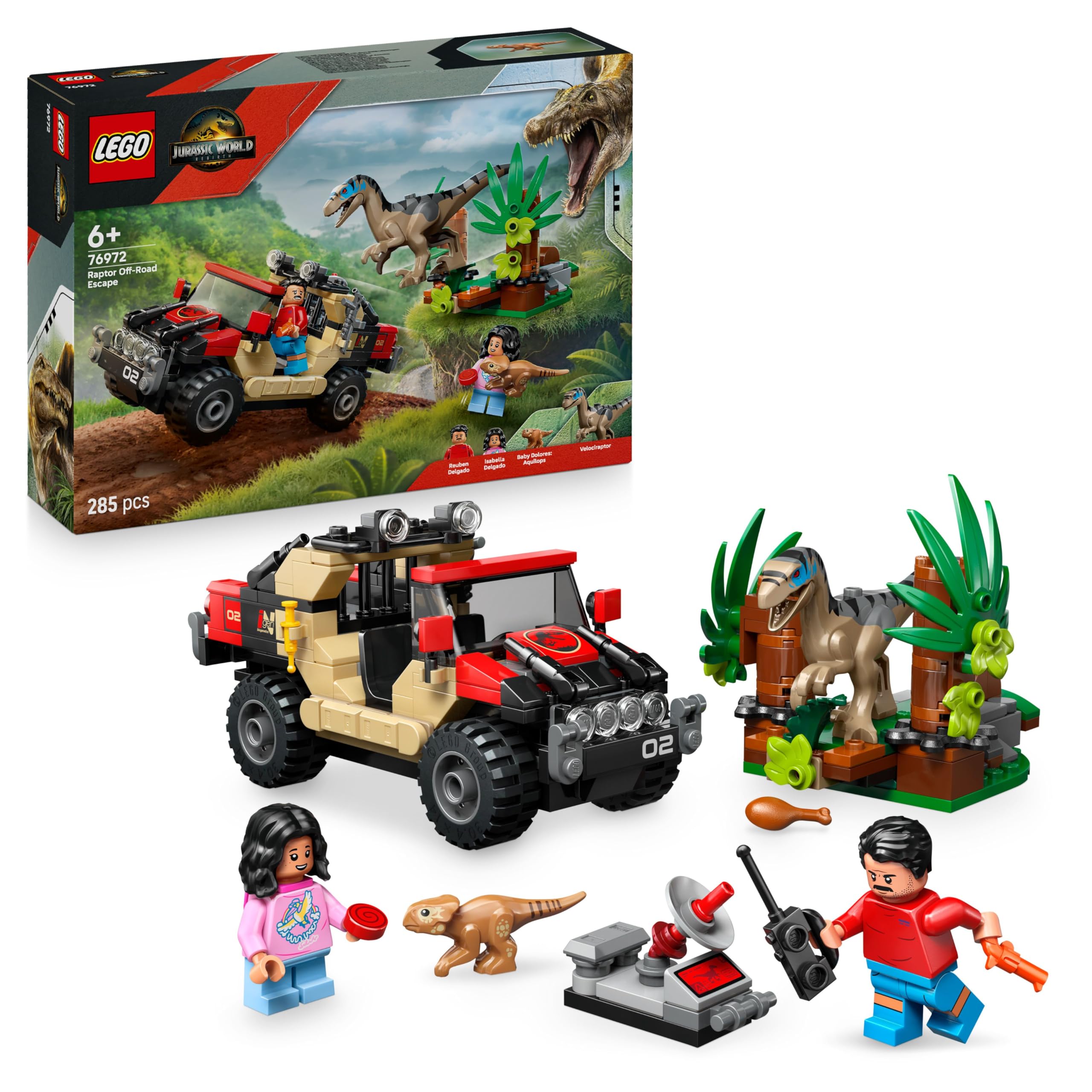 LEGO Jurassic World Raptor Off-Road Escape Dinosaur Toy - incl. 2 Dino Figures, Off-Road Car Toy & 2 Minifigures - Gift for 6+ Year Old Boys, Girls & Rebirth Movie Fans - 76972