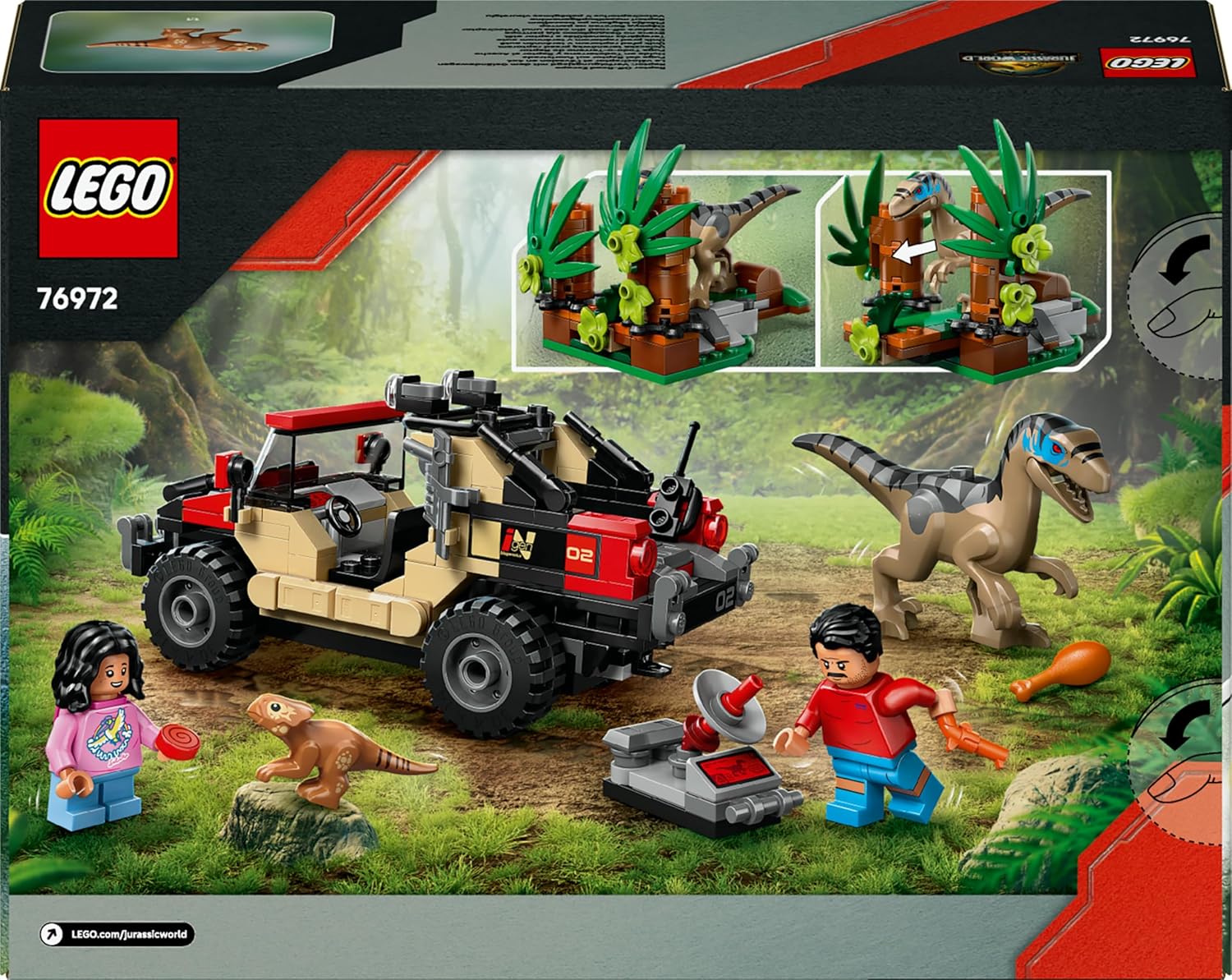 LEGO Jurassic World Raptor Off-Road Escape Dinosaur Toy - incl. 2 Dino Figures, Off-Road Car Toy & 2 Minifigures - Gift for 6+ Year Old Boys, Girls & Rebirth Movie Fans - 76972