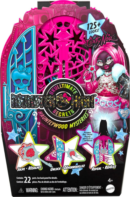 Monster High Skulltimate-Secrets-Set aus Puppe und Accessoires, Hauntlywood Mysteries Catty Noir mit zauberhaftem Kleiderschrank und über 19 modischen Überraschungen wie Puppenkleidung, JBG82