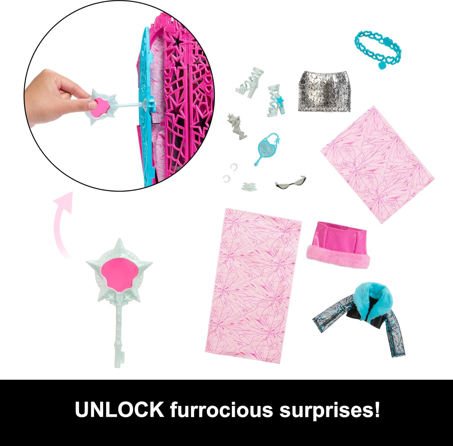 Monster High Skulltimate-Secrets-Set aus Puppe und Accessoires, Hauntlywood Mysteries Catty Noir mit zauberhaftem Kleiderschrank und über 19 modischen Überraschungen wie Puppenkleidung, JBG82