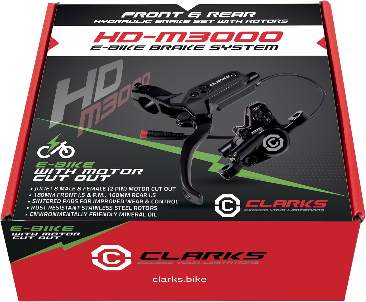 Clarks Cycle Systems HD-M3000 E-Bike Hydraulische Scheibenbremsen Set inkl. Rotoren, Oliven, is-Halterungen, 180/160mm