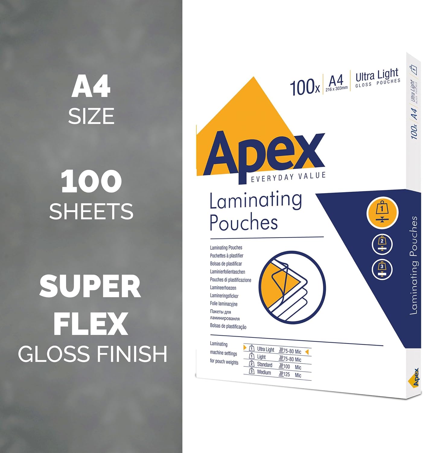 Fellowes Apex A4 Laminating Pouches, Glossy Finish, 100 Sheets - Super-Flex - Ideal for Notices and Photos