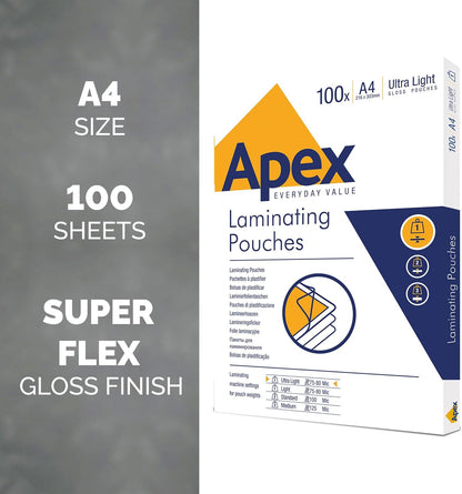 Fellowes Apex A4 Laminating Pouches, Glossy Finish, 100 Sheets - Super-Flex - Ideal for Notices and Photos