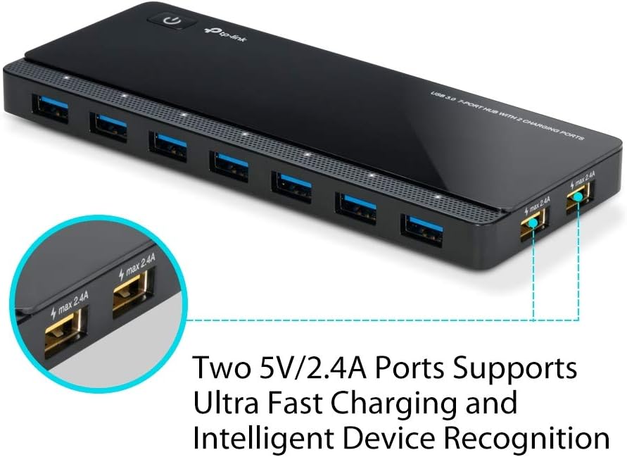 TP-Link UH720 USB Hub, 7-Port Docking Station with Extra 2x 2.4A Ultra Fast Charging Ports, 10x Data Transfer Speed up to 5Gbps, 1m USB3.0 Cable, Compatible with Windows, Mac OS X and Linux systems