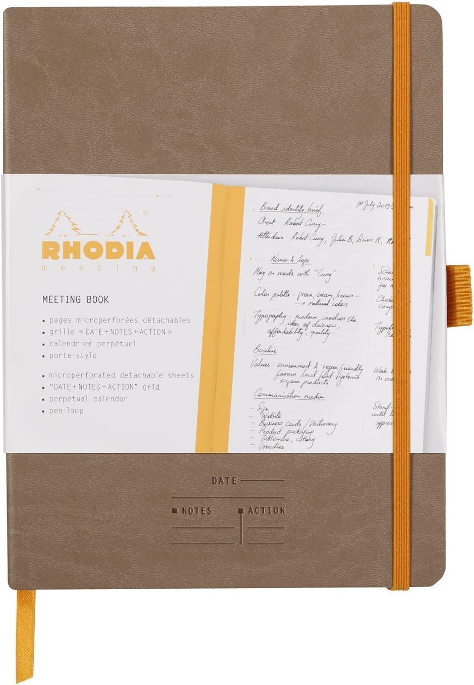 RHODIA 117784C - Taupe Meeting Soft Notebook - A5+ - Pre-Printed Date/Notes/Action - 160 Detachable Pages - 90G Clairefontaine Paper - Bookmark, Pencil Holder - Faux Leather Cover - Rhodiarama