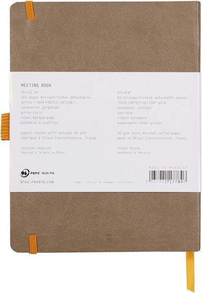 RHODIA 117784C - Taupe Meeting Soft Notebook - A5+ - Pre-Printed Date/Notes/Action - 160 Detachable Pages - 90G Clairefontaine Paper - Bookmark, Pencil Holder - Faux Leather Cover - Rhodiarama