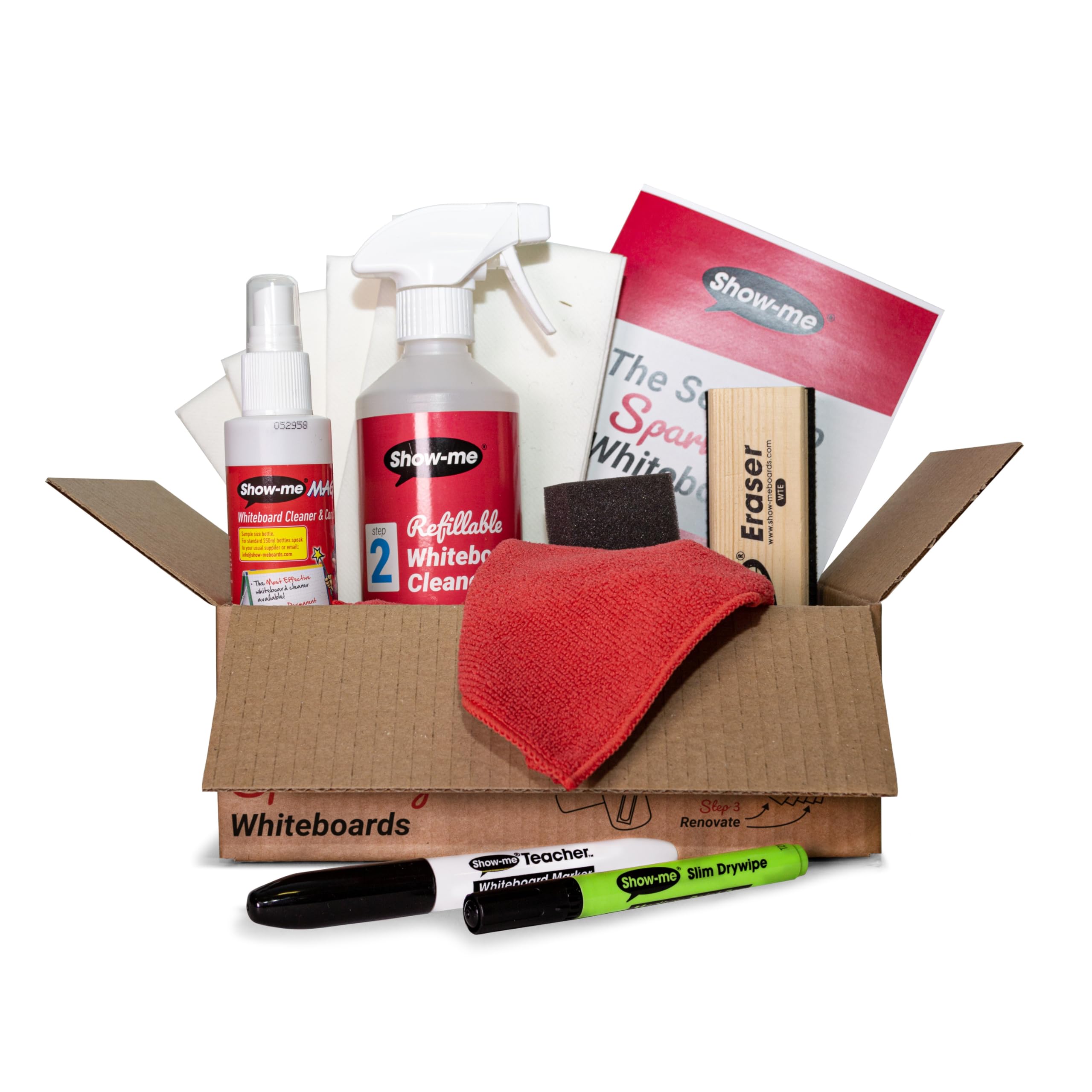 Show-me Whiteboard cleaning kit | Sprays | Pens | Eraser | Cloths | Keep whiteboards sparkling clean