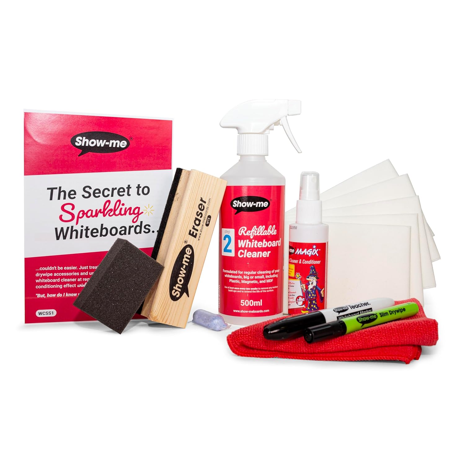 Show-me Whiteboard cleaning kit | Sprays | Pens | Eraser | Cloths | Keep whiteboards sparkling clean