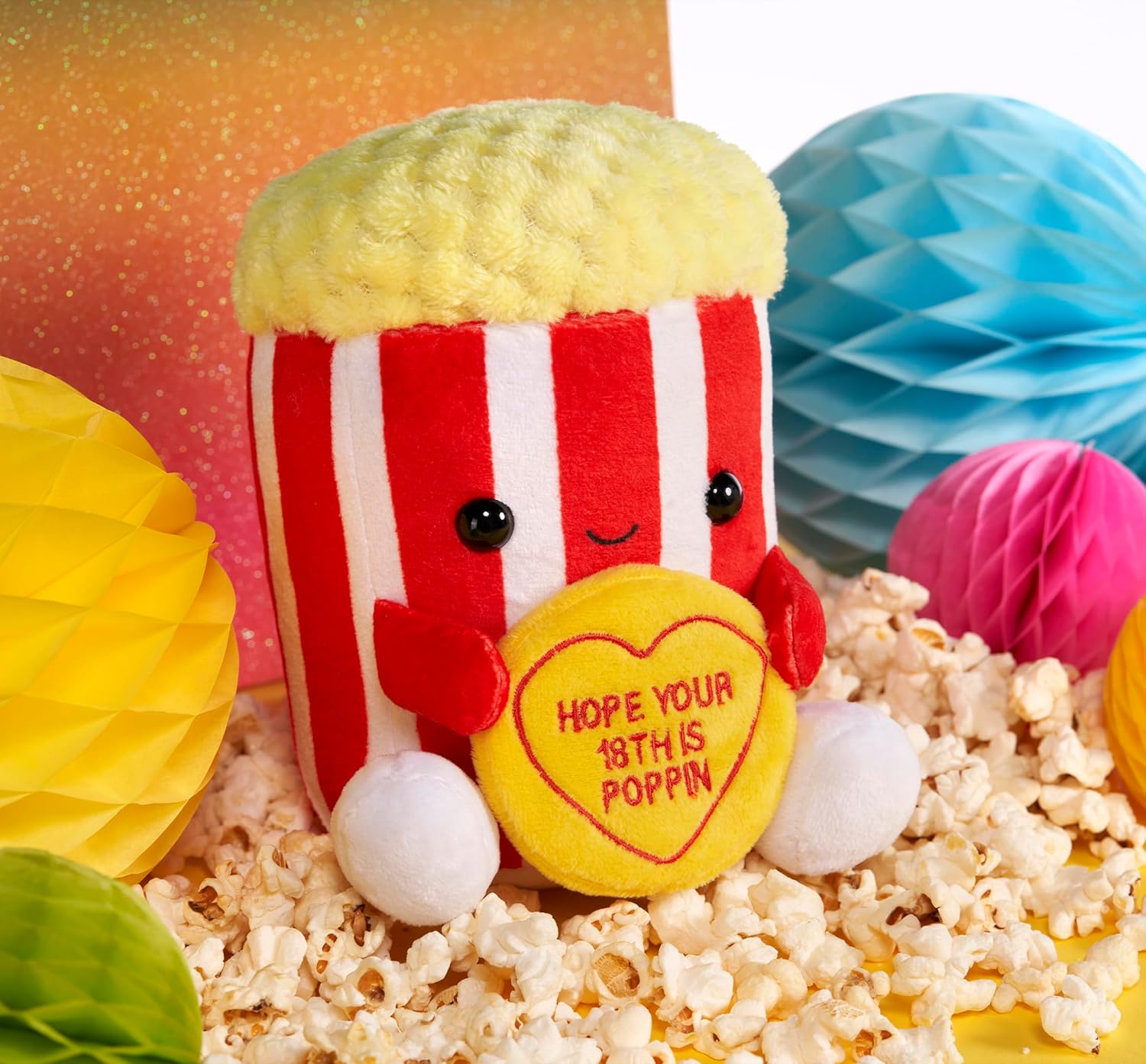 Swizzels Love Hearts 7" (18cm) "Hope Your 18th is Poppin" Popcorn Plush Soft Toy
