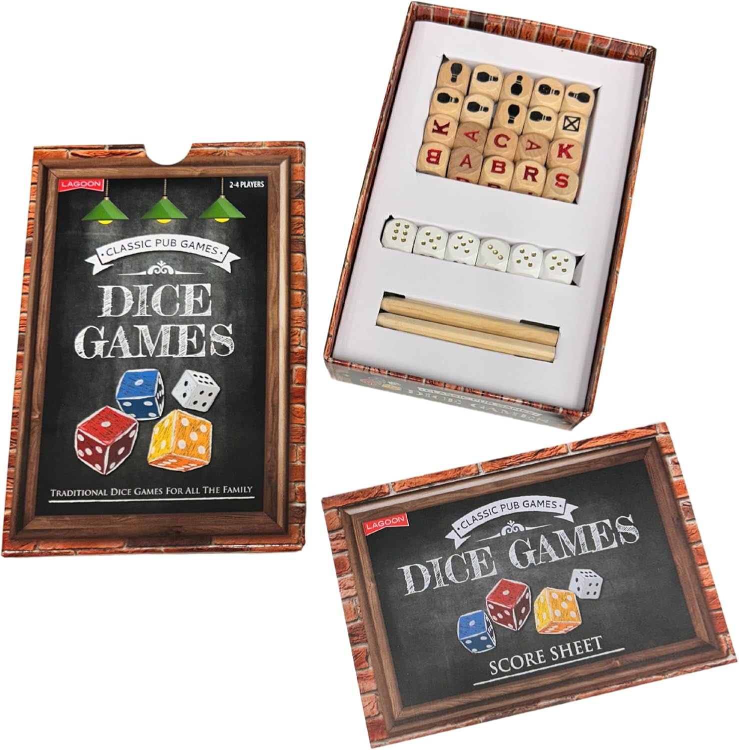 Lagoon Classic Pub Dice Games Set, 26 Wooden Dice, 20 Traditional Games, 2-4 Players