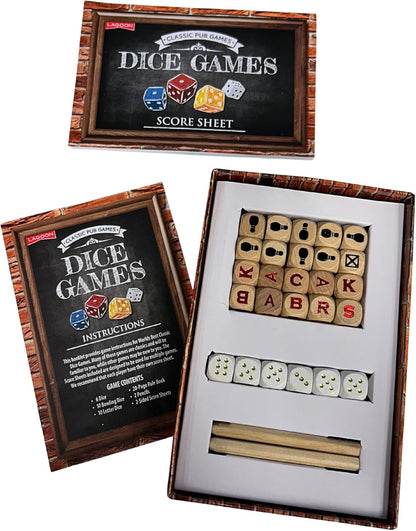 Lagoon Classic Pub Dice Games Set, 26 Wooden Dice, 20 Traditional Games, 2-4 Players