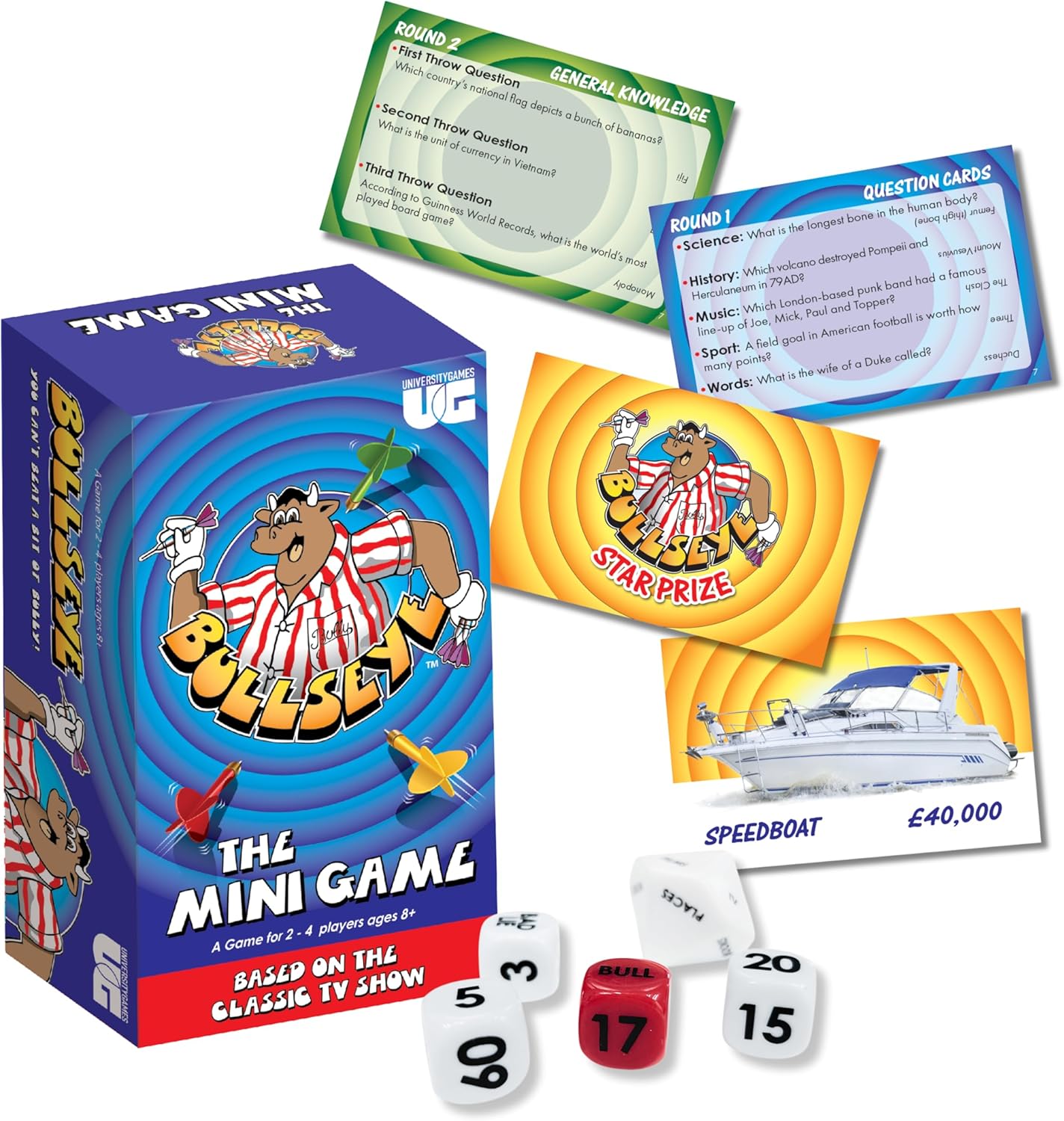 Bullseye The Mini Game, Classic TV Show Card Game with Darts Dice, 2-4 Players, Ages 8+, Blue