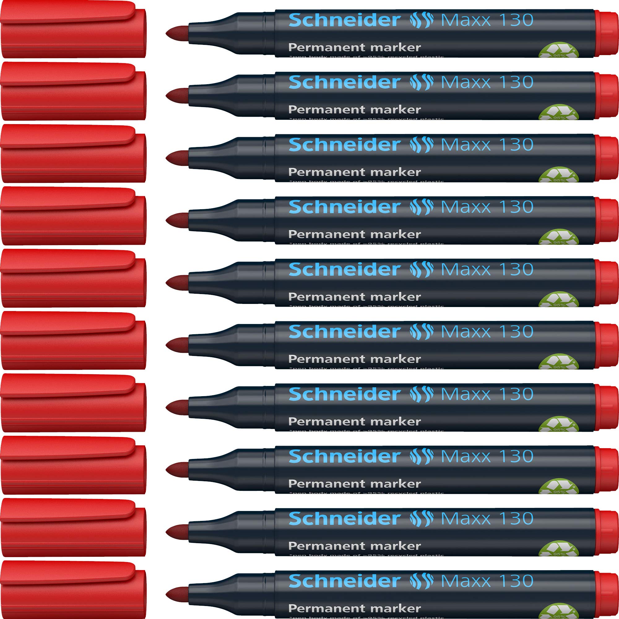 Schneider Maxx 130 Permanent Marker Pen 1 mm and 3 mm Cap-Off-Ink Refillable Pack of 10 Red