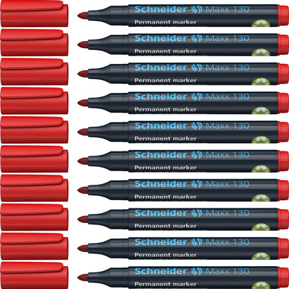 Schneider Maxx 130 Permanent Marker Pen 1 mm and 3 mm Cap-Off-Ink Refillable Pack of 10 Red