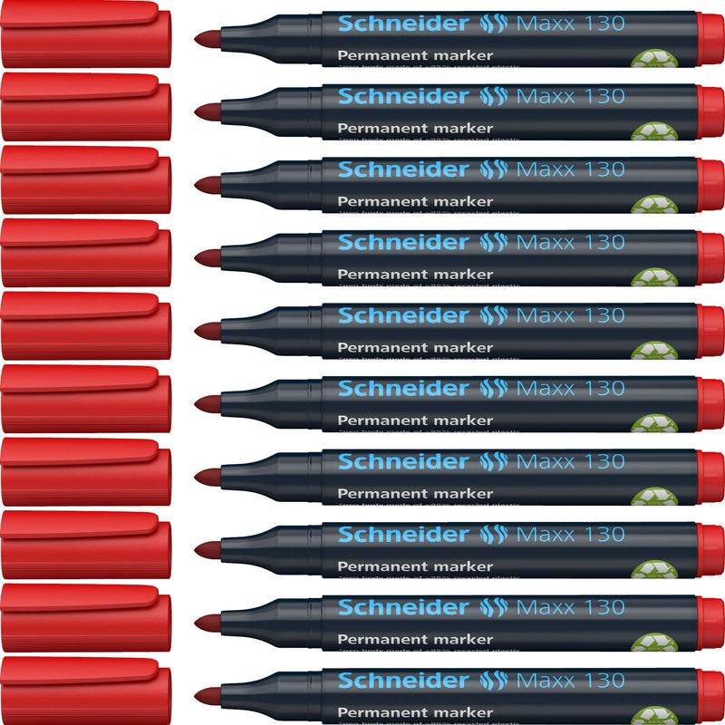 Schneider Maxx 130 Permanent Marker Pen 1 mm and 3 mm Cap-Off-Ink Refillable Pack of 10 Red