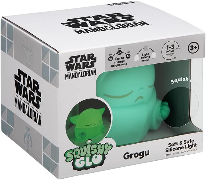 Paladone, Star Wars The Mandalorian Grogu SquishyGlo - Luce notturna in silicone, morbida lampada a LED con 3 livelli di luminosità e spegnimento automatico, ricaricabile per camera da letto dei
