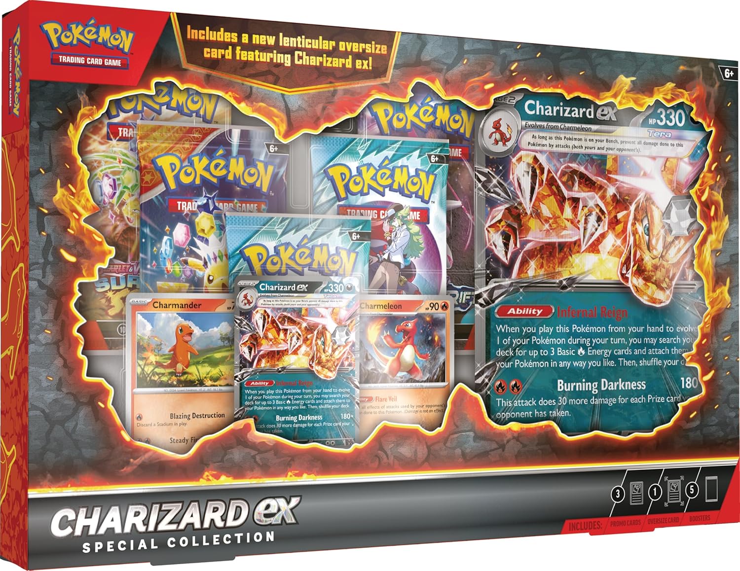 Pokémon TCG: Charizard ex Special Collection (1 Folien-Promo-Karte, 2 Folienkarten, 1 übergroße Linsenrasterkarte und 5 Booster-Packs