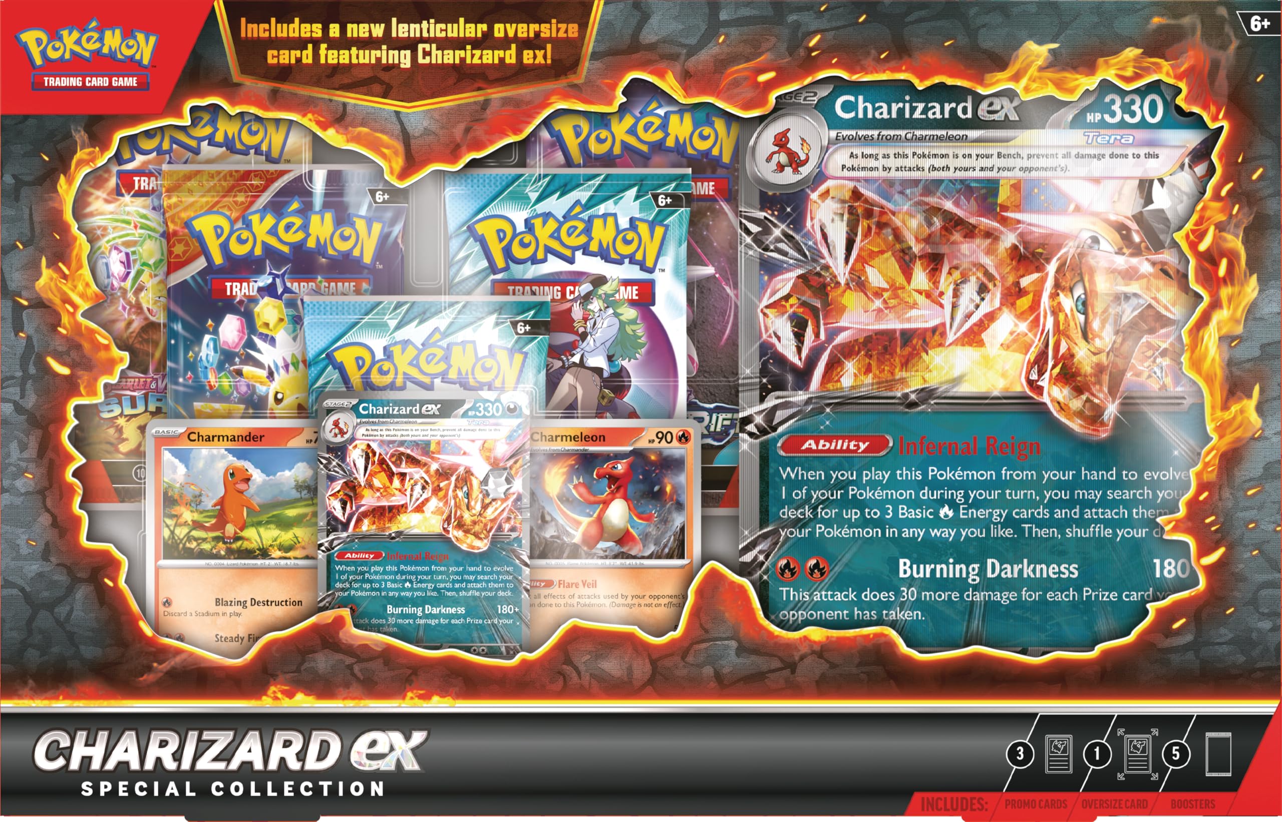 Pokémon TCG: Charizard ex Special Collection (1 Folien-Promo-Karte, 2 Folienkarten, 1 übergroße Linsenrasterkarte und 5 Booster-Packs