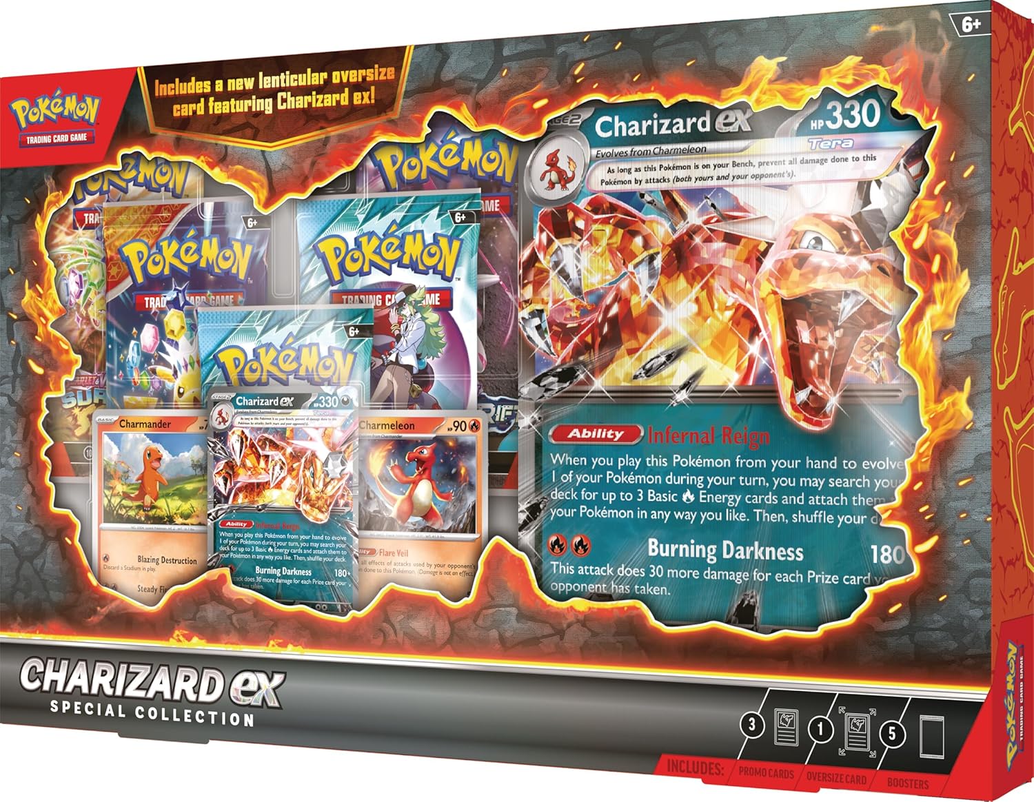 Pokémon TCG: Charizard ex Special Collection (1 Folien-Promo-Karte, 2 Folienkarten, 1 übergroße Linsenrasterkarte und 5 Booster-Packs