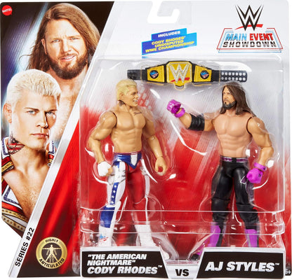 Mattel WWE Main Event Showdown Action Figures 2-Pack with Accessory, Series #22 Cody Rhodes vs AJ Styles Collectible Set, 6-inch