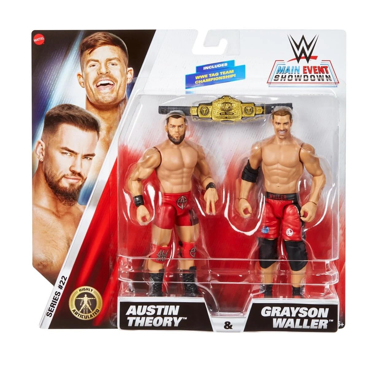 Mattel WWE Main Event Showdown - Figuras de acción con accesorio, serie #22 Austin Theory y Grayson Waller, juego coleccionable de 6 pulgadas