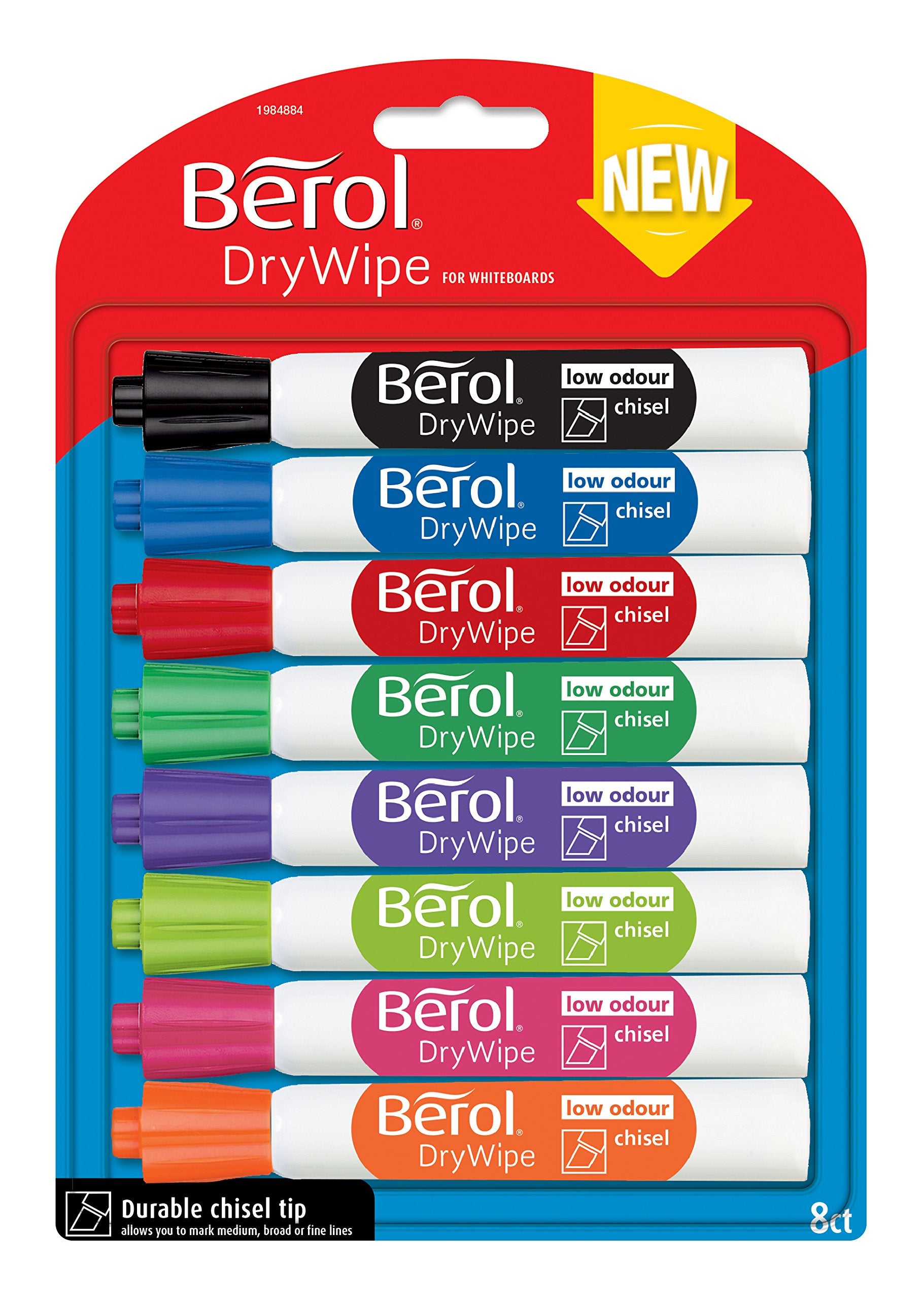 Berol Dry Wipe Whiteboard Marker Pens | Chisel Tip | Assorted Colours | 8 Count Dry Erase Markers