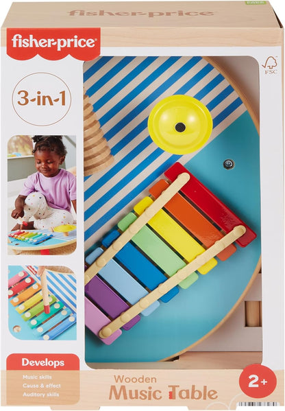 Fisher-Price Wood Toddler Toy Musical Table, 3-Piece Wooden Percussion Instrument for Developmental Play Kids Ages 2+ Years, HXT91