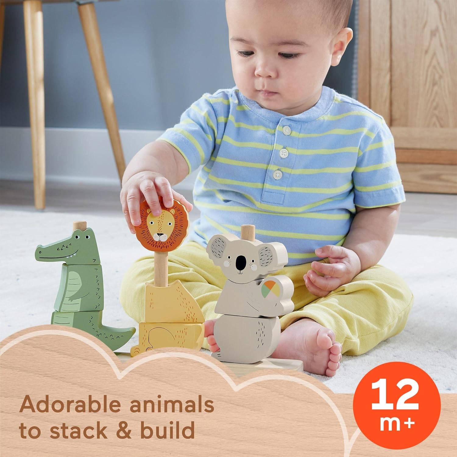 Fisher-Price Wood Baby Toy Stack & Sort Animals, 10 Wooden Pieces for Developmental Play for Infants & Toddlers Ages 1+ Years, HXV04