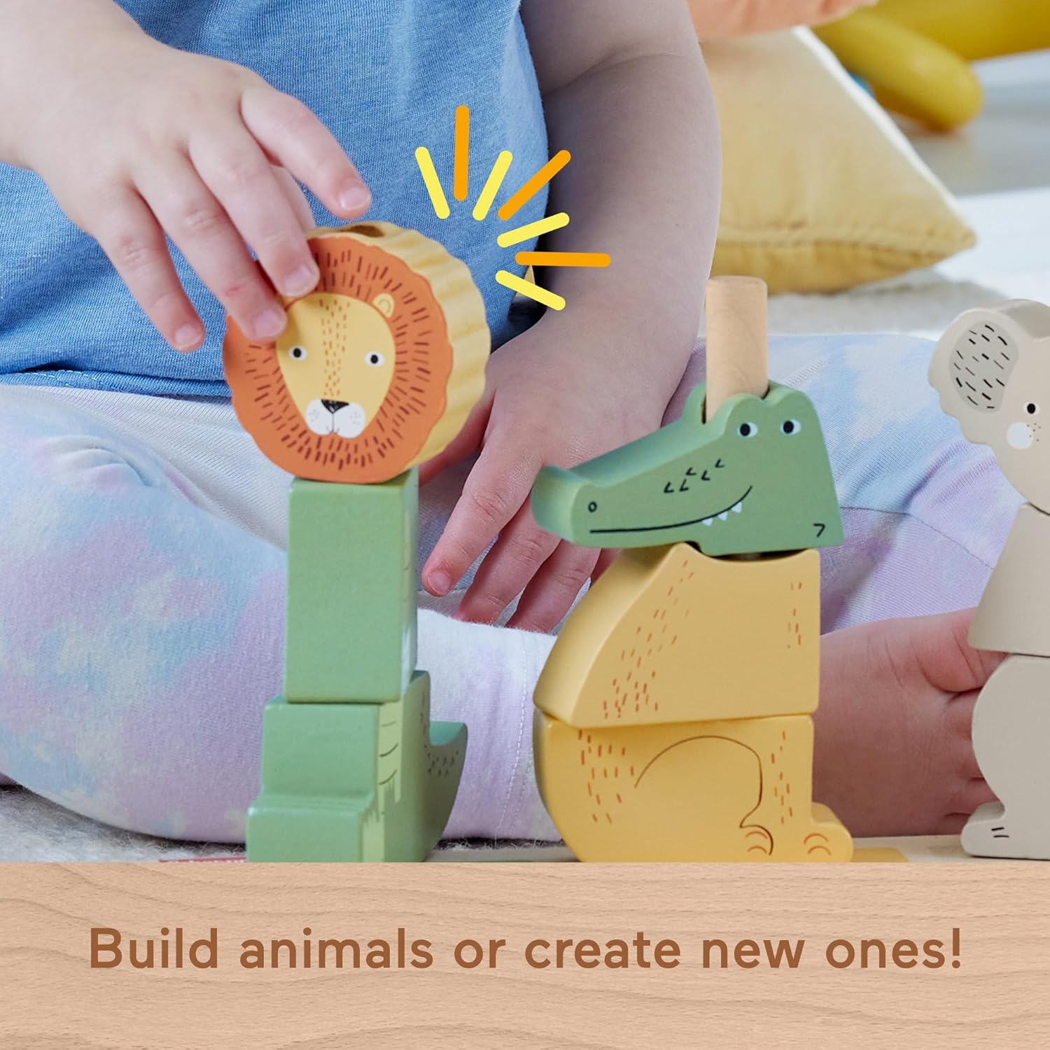 Fisher-Price Wood Baby Toy Stack & Sort Animals, 10 Wooden Pieces for Developmental Play for Infants & Toddlers Ages 1+ Years, HXV04