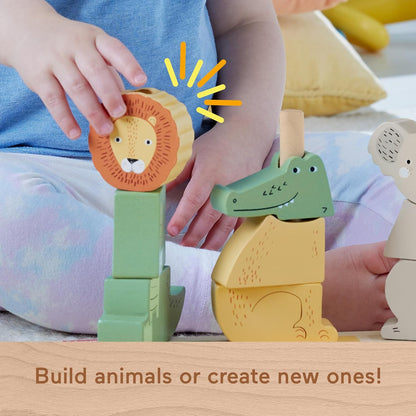 Fisher-Price Wood Baby Toy Stack & Sort Animals, 10 Wooden Pieces for Developmental Play for Infants & Toddlers Ages 1+ Years, HXV04