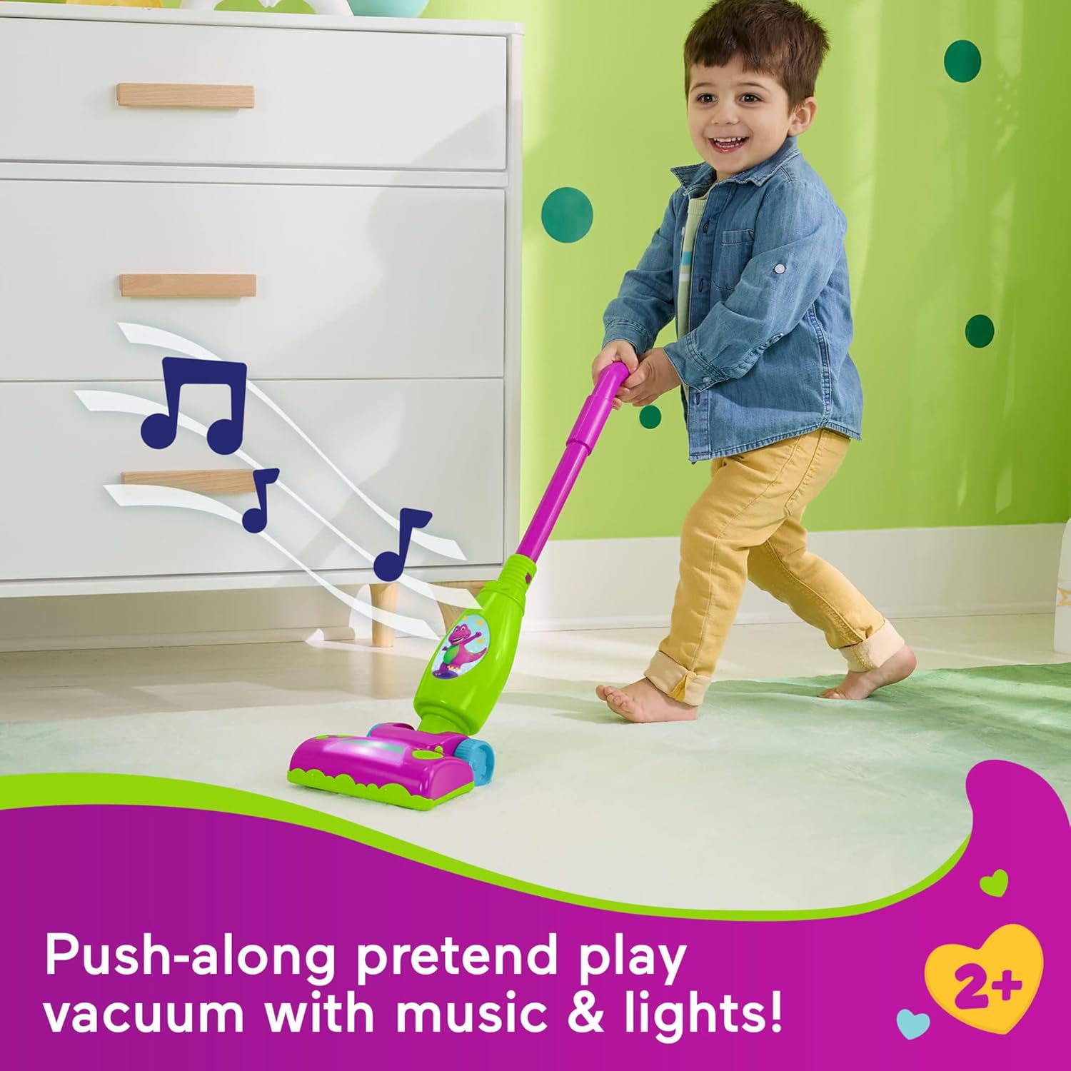 Mattel Barney’s World Toddler Toy Clean Up Vacuum Electronic Push Along, Lights Music & Games for Preschool Kids Ages 2+ Years, HYH03