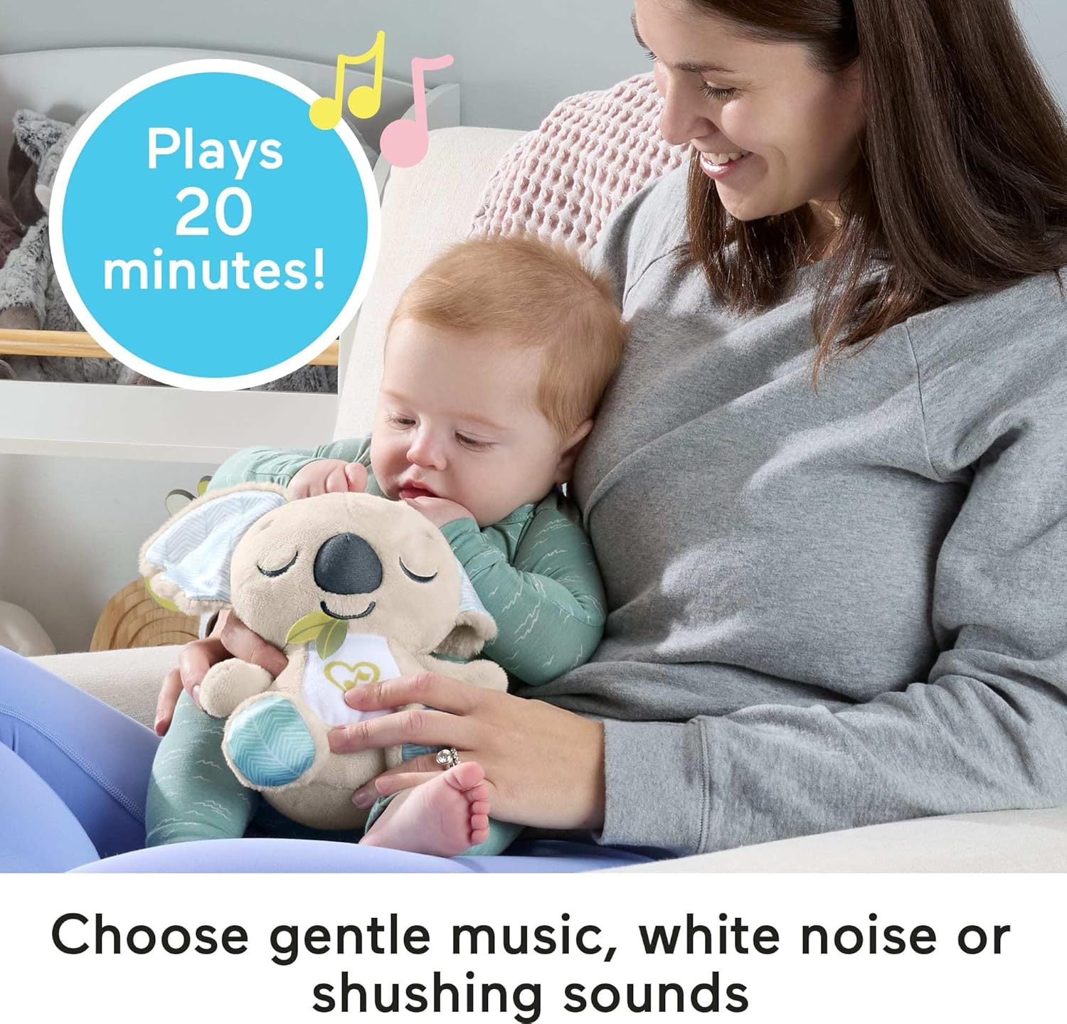 Fisher-Price Baby Toy On-the-Go Koala Soother, Plush Portable Sound Machine with White Noise & Music for Newborns Ages 0+ Months, JBD65